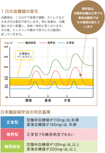 1日の血糖値の変化と日本糖尿病学会の判定基準