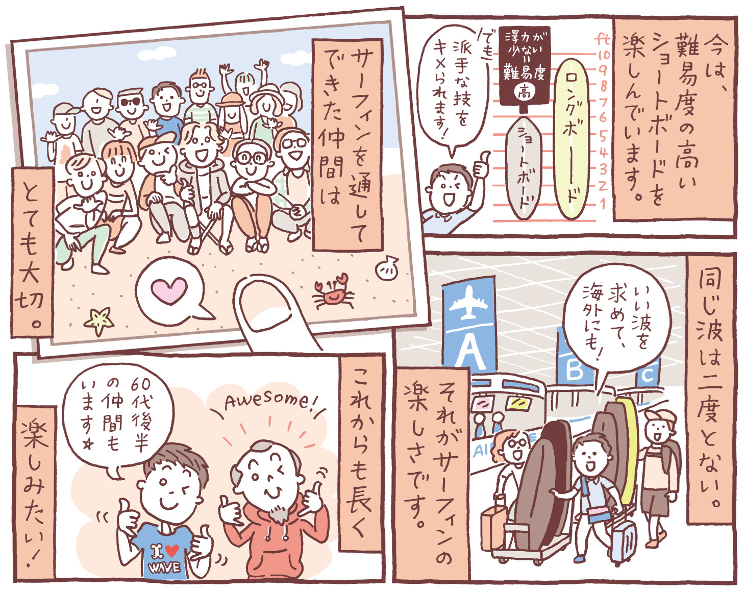 サーフィンを通じて年齢や仕事を超えた仲間と出会い、共に海外にも行くウッチー。これからもサーフィンを長く楽しみたいという想いを描いた漫画。