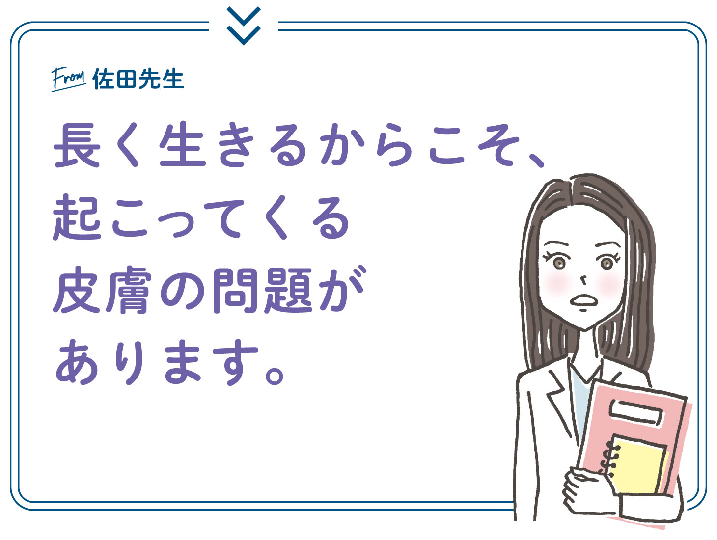 From 佐田先生：長く生きるからこそ皮膚の問題が起こってくる、というメッセージ（研究者イラスト）