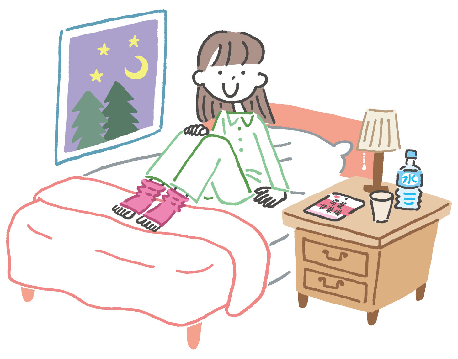就寝中のこむら返り対策として、枕元に水と漢方薬を準備している様子のイラスト