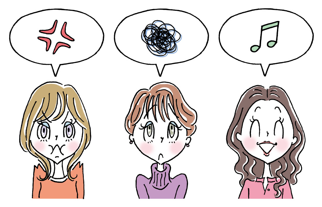 怒り・混乱・喜びなど、感情の違いを表す3人の女性イラスト