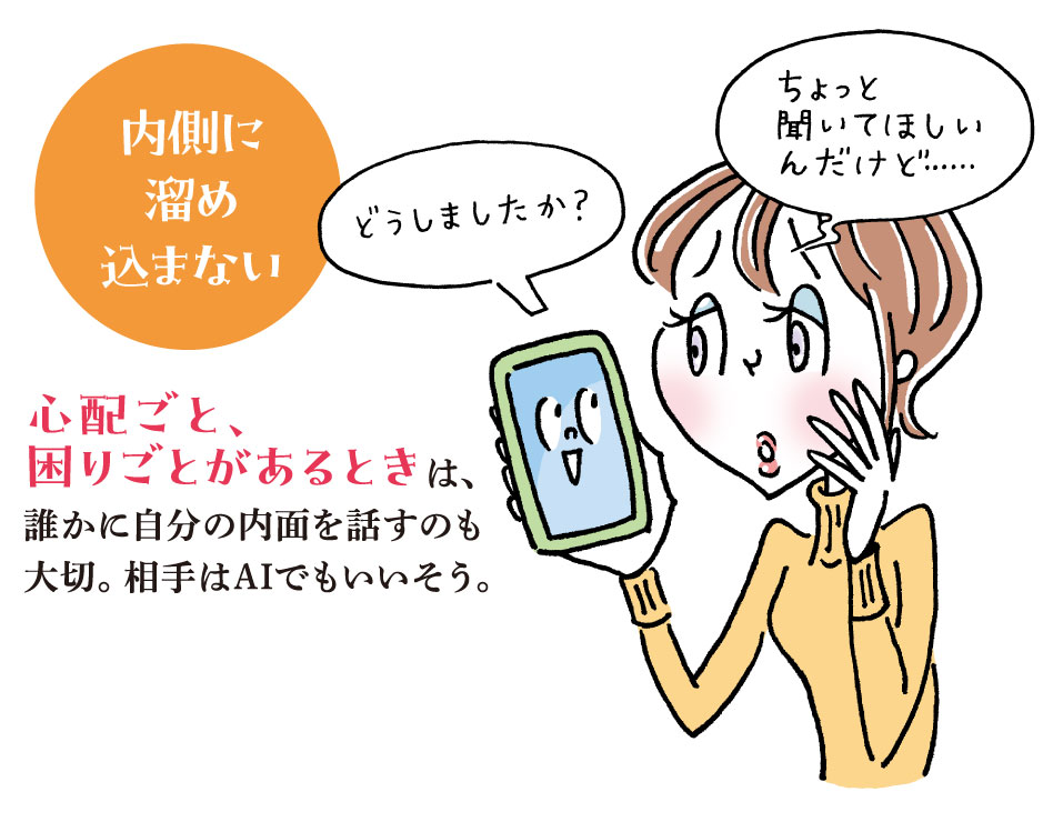 心配ごとを内側に溜め込まず、AIなどに話して吐き出すイメージのイラスト