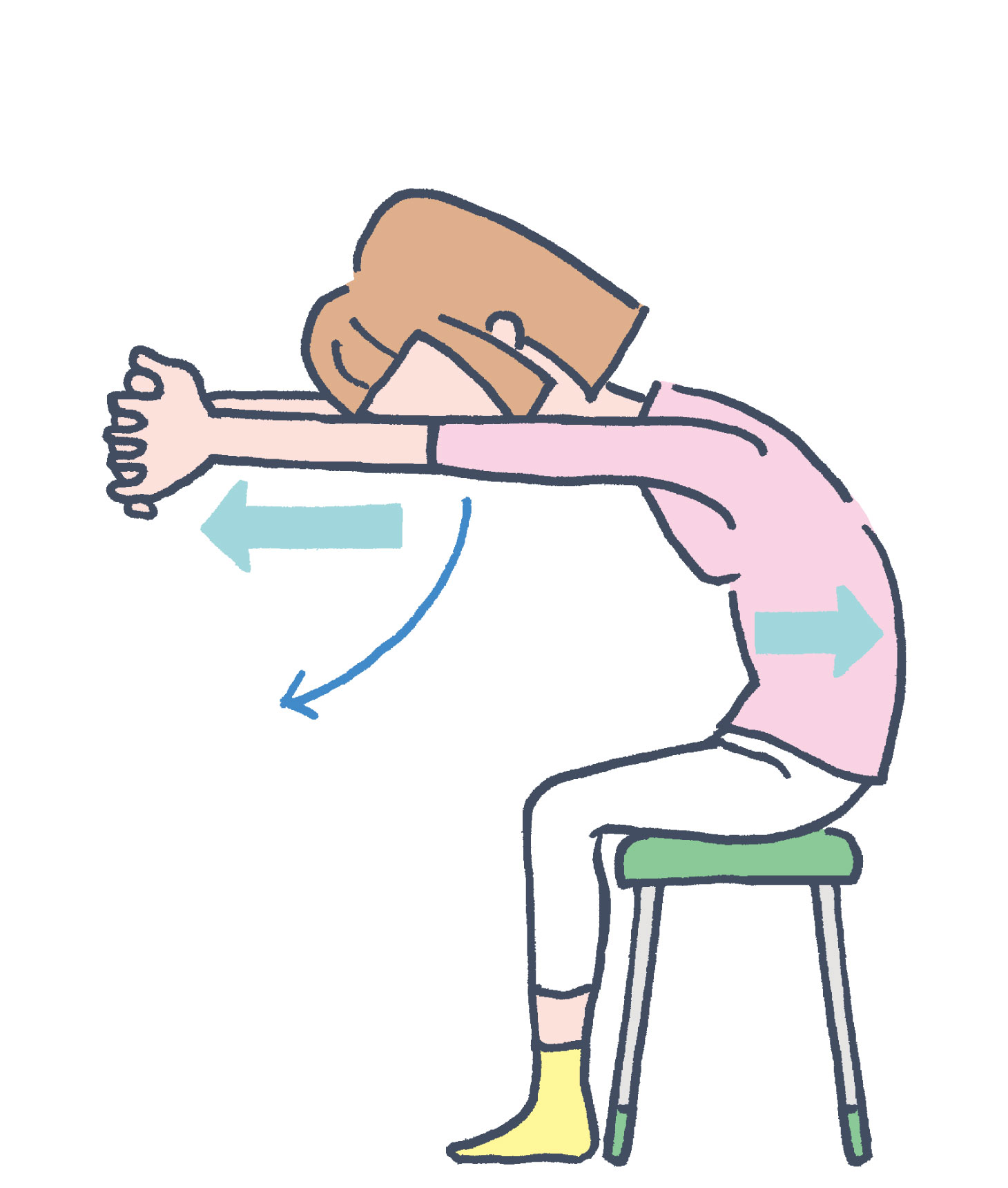 胸郭ストレッチ：息を吐きながら腕を前に伸ばして背中を丸める