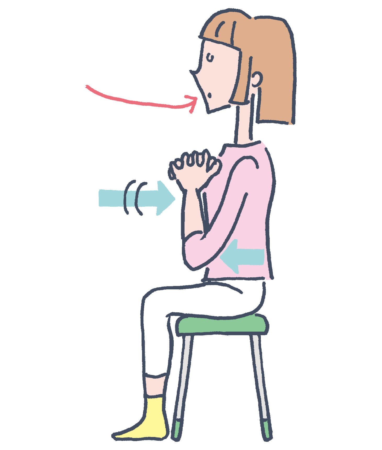 胸郭ストレッチ：息を吸いながら胸を開き腕を引き寄せる