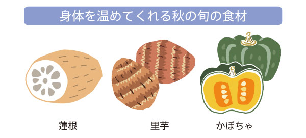 身体を温める秋の旬の食材である蓮根、里芋、かぼちゃ