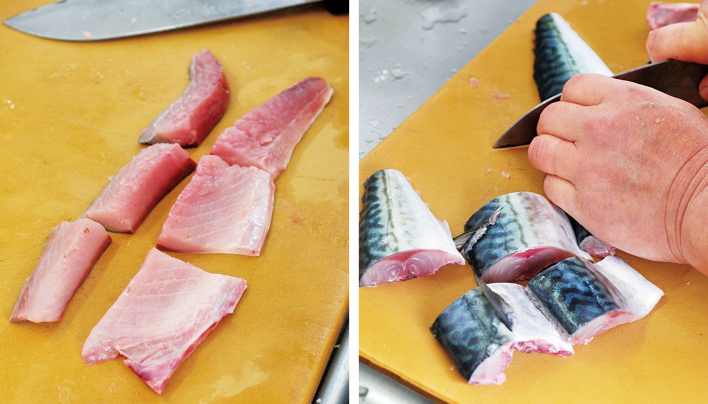 料理に合わせて鯖を切り分ける