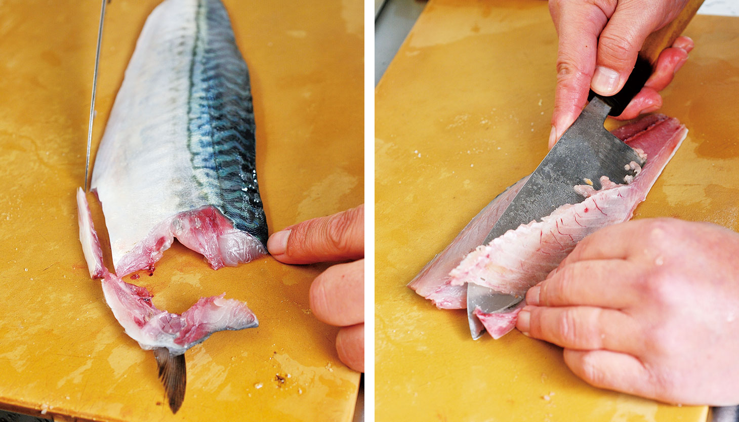 鯖の腹骨を包丁でそぎ取る下処理