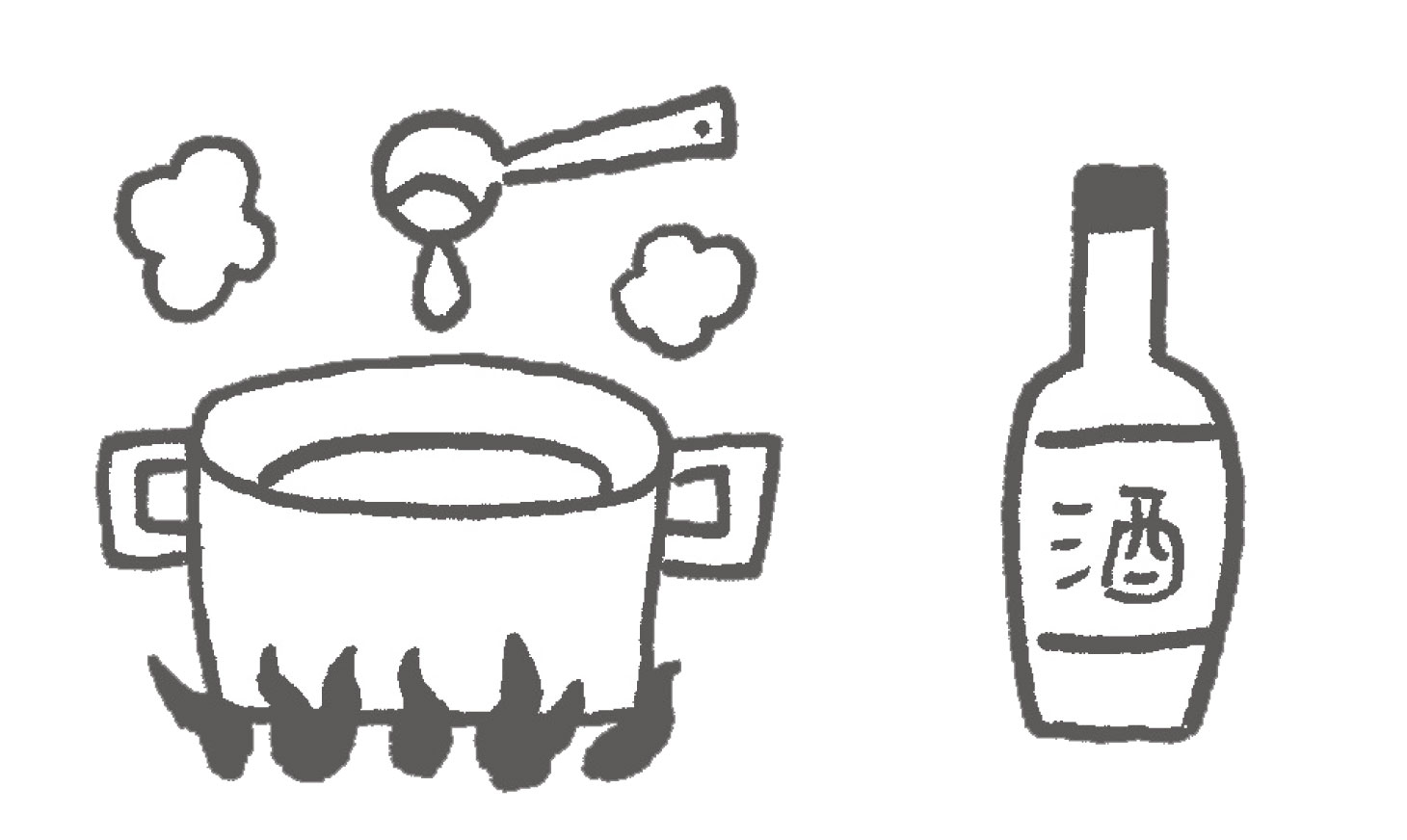 魚の湯煮の手順。鍋に湯を沸かし、酒を入れるイラスト